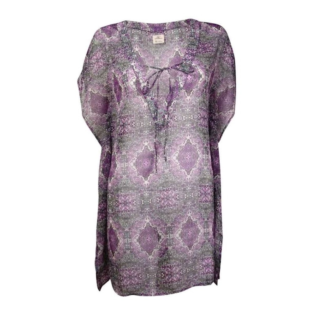 O'Neill Women's Chiffon V-Neck Coverup Purple and Gray Mandala Pattern Tunic